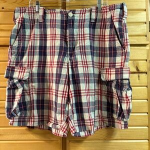 Men’s Polo by Ralph Lauren Red and Blue Plaid Cargo Shorts, Size 38